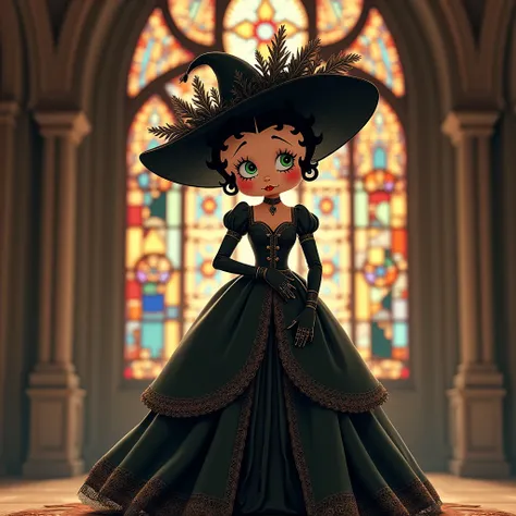 Betty boop ,Wearing a 12th century French Gothic dark ornate dress , with a large 12th century French Gothic dark lady hat , The hat is filled with French colors Dark Bird feathers and lace decoration , with a 12th-century French Gothic robe length glove ,...