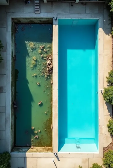 "A top-down view of a thumbnail design showing two 8:8 square swimming pools side by side. The left pool is completely dirty, filled with debris, murky water, and algae. The right pool is fully clean, with clear, sparkling blue water. The pools are positio...