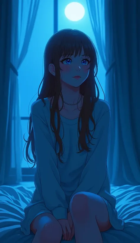  in the room where blue moonlight shines in 、 a scene where a 22-year-old brown-haired woman is sitting quietly 。My hair is long enough to reach my back、 the whole room is wrapped in blue light 、 emphasizes a sense of silence like cold air drifting through...