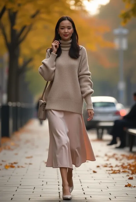 Ultra-super-realistic full-length photo. High detail. 32k. A woman in the style of quiet luxury with a very beautiful smile and a figure of Monica Bellucci. She is in a voluminous sweater of a neutral color, combines it with a light midi skirt of a pastel ...