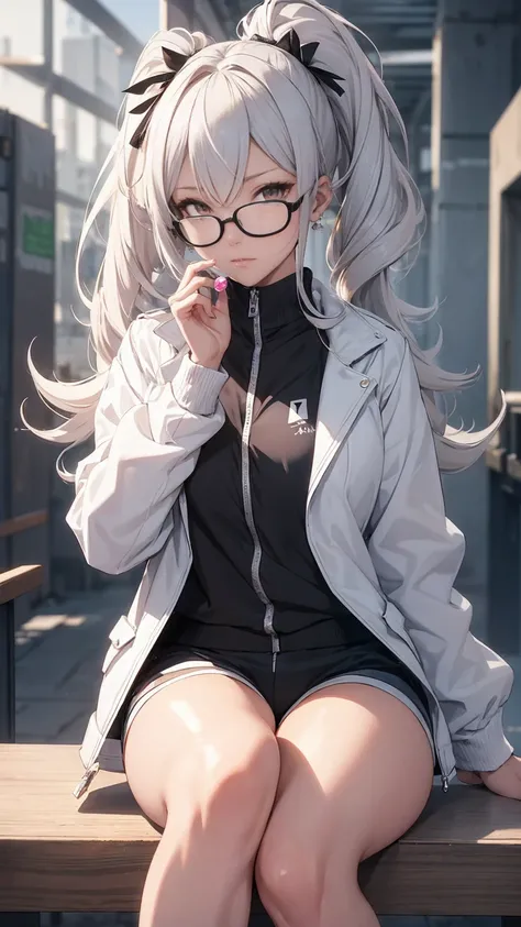 1 girl, silver wolf \(honkai: star rail\), honkai \(series\), black  shorts , blowing bubbles, chewing gum, cross buns, drill ha...