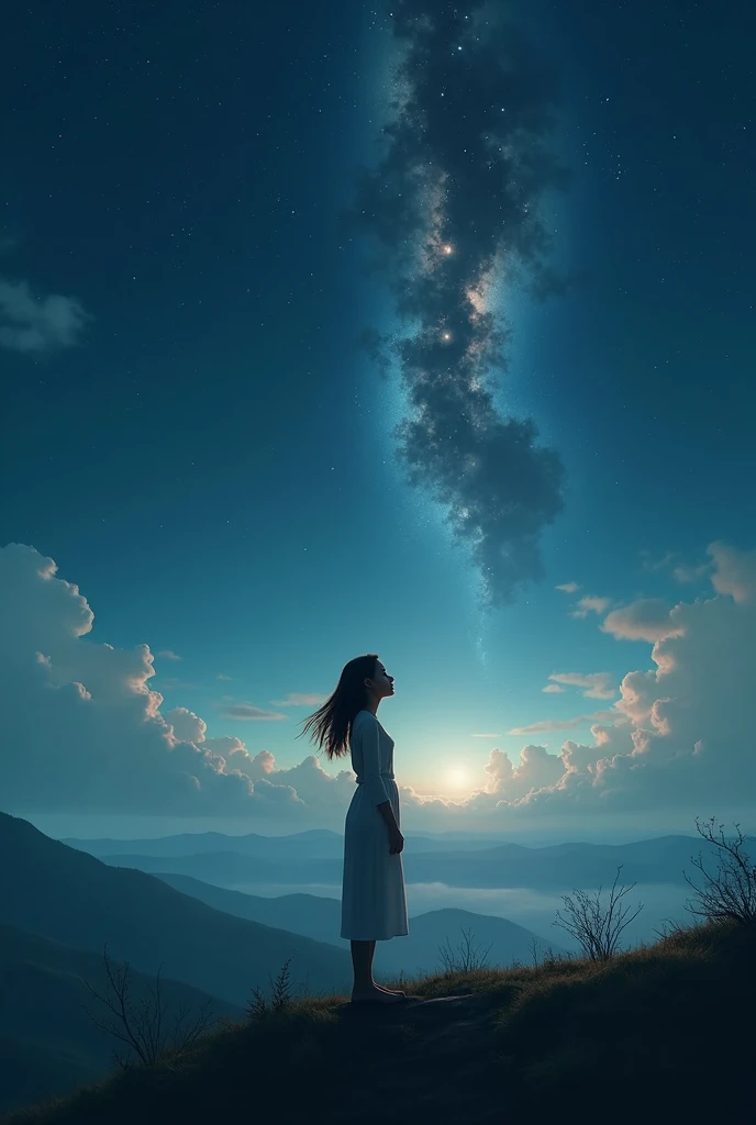 Young woman on a hill with a view of the universe