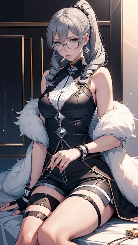  1 girl, Silver Wolf \(Honkai: Star Rail\), Honkai \(series\), black  shorts , Blowing bubbles, Chewing gum, Cross Buns, Drill Hair,  drill ponytail ,  earrings, Eyewear, Microcosm , fur-trimmed  jacket, Fur trim, goggles, Grey Hair, hair ribbon,  high ponytail , hologram,  jacket,  jewelry , Planet, ribbon,  shorts , Single Drill, Sitting, Alone,  thigh strap, tinted glasses, ( best quality:1.2), ( Is Extremely Beautiful :1.2), (Absurd:1.2), (safe:1.2), (  detail background ), maximum detailed eye, up to date,  complicated details, employment. repair,Beautiful Face,Special_eye,hologrameffect,Add XL,perfecteye
