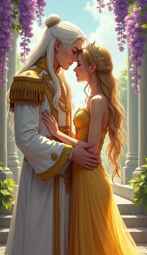 Draw a pair for the book cover. An incredibly beautiful young blonde woman, 160 cm short, with long golden hair, dressed in a beautiful hairstyle decorated with a tiara and jewelry, long bangs, she has blue eyes, she is gentle, sexy, attractive, exciting a...