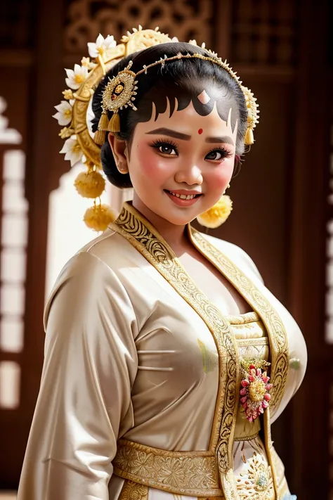 A chubby girl in a javanese traditional wedding dress, smile, bright, daylight, detailed detail, 