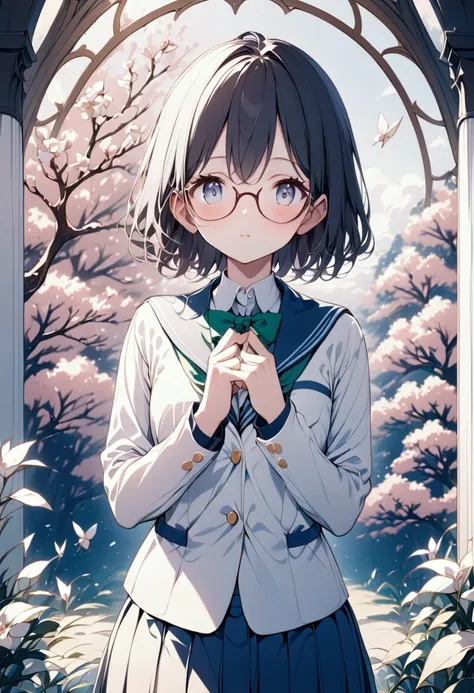 One Girl、Black Hair、Japanese、Short Hair、Beautiful eyes、future、Student Uniform、high school student、Black-rimmed glasses、delicate、Slender、beautiful girl、Small stature、
