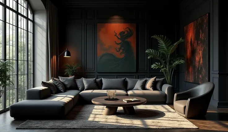 A beautiful home interior where black objects, like furniture or decor, emit subtle negative energy, contrasting with brighter and more auspicious elements in the room.