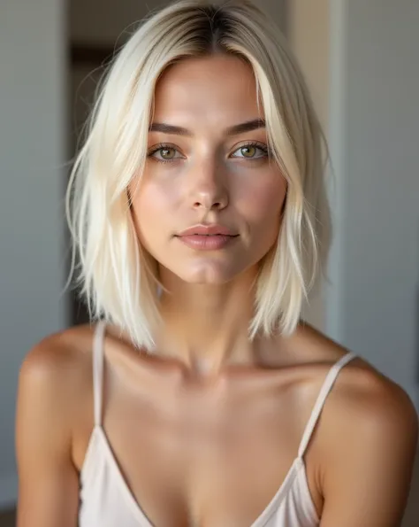 nexia portrait of a 22-year-old woman with short blonde hair featuring platinum highlights, longer in front and shorter in back,...