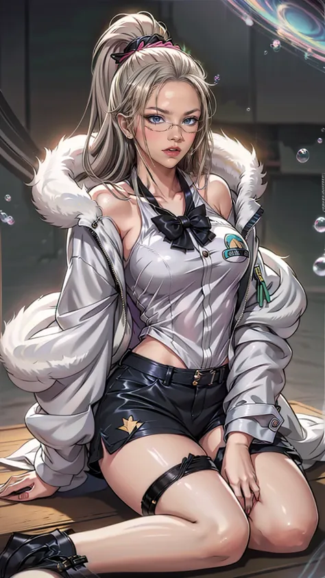  1 girl, Silver Wolf \(Honkai: Star Rail\), Honkai \(series\), black  shorts , Blowing bubbles, Chewing gum, Cross Buns, Drill Hair,  drill ponytail ,  earrings, Eyewear, Microcosm , fur-trimmed  jacket, Fur trim, goggles, Grey Hair, hair ribbon,  high ponytail , hologram,  jacket,  jewelry , Planet, ribbon,  shorts , Single Drill, Sitting, Alone,  thigh strap, tinted glasses, ( best quality:1.2), ( Is Extremely Beautiful :1.2), (Absurd:1.2), (safe:1.2), (  detail background ), maximum detailed eye, up to date,  complicated details, employment. repair,Beautiful Face,Special_eye,hologrameffect,Add XL,perfecteye
