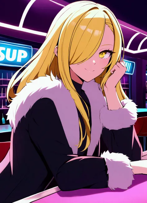 score_9, score_8_up, score_7_up, csr style, Pastel colors, 
1girl,pokemoncynthia,
 blonde hair, hair ornament, hair over one eye, long hair, yellow eyes,
black coat, black pants, black shirt, coat, fur collar, fur trim, fur-trimmed sleeves, pants, shirt,
l...