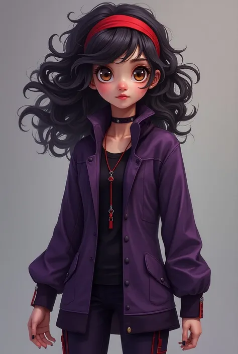 my*

*Age:* 16

*GENDER:* feminine

*Appearance:* curly hair,  purple and black clothing ,  red headband in her hair , brown eyes 
One piece style 
