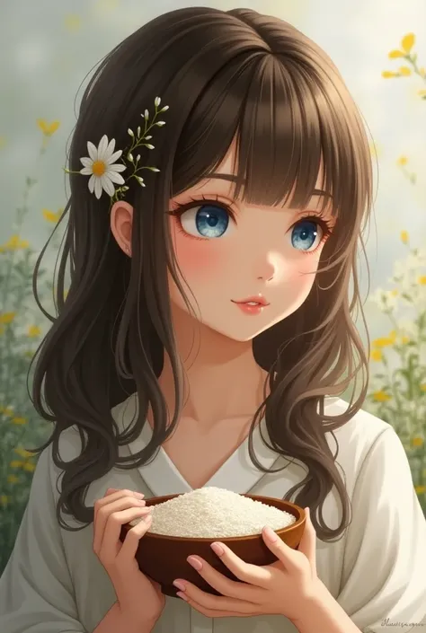 1 girl, long hair, Rice, blue eyes,  brown hair, simple background, Hair clip, hair flower, side view, 