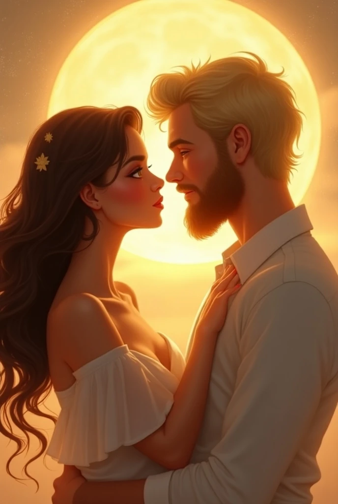 Brunette Female Sun and blond bearded male moon in love