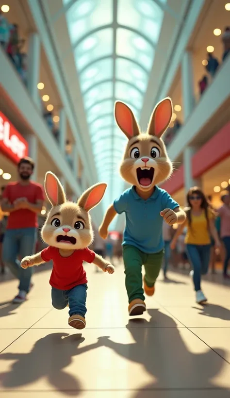 A baby rabbit wearing a red shirt and blue pants cried very loudly and ran away from his father wearing a blue shirt and green pants in a shopping mall and his father was very shocked.