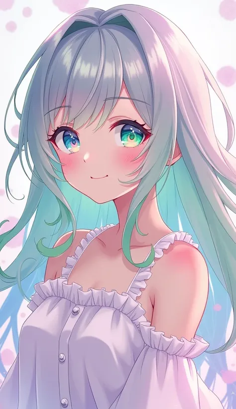 Bright green hair、light gray hair 、Shiny Hair,  Gradient Color Hairstyles, Pastel colors、Long Hair、 smile, Gradient color eyes, White ruffle dress、 High Resolution , masterpiece, number々Awards, 高quality,  High Resolution モデル,  ultra-fine,  Textured Skin,  ...