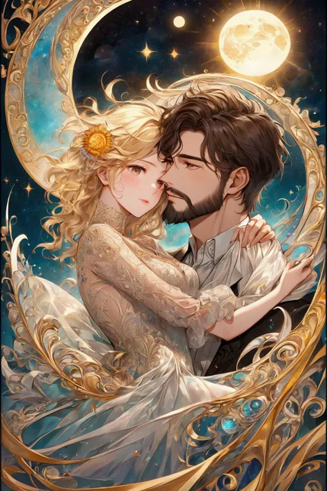 Brunette Female Sun and blond bearded male moon in love