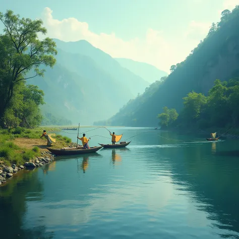 Show the serene beauty of the Trishuli River, with lush green hills on either side and local fishermen at work
