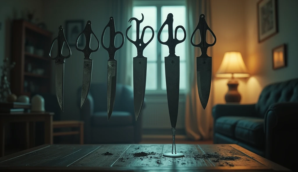 
10. Sharp Objects Like Knives and Scissors: A dramatic scene showing sharp objects like knives or scissors glowing with an aura of tension and conflict in an otherwise peaceful home.