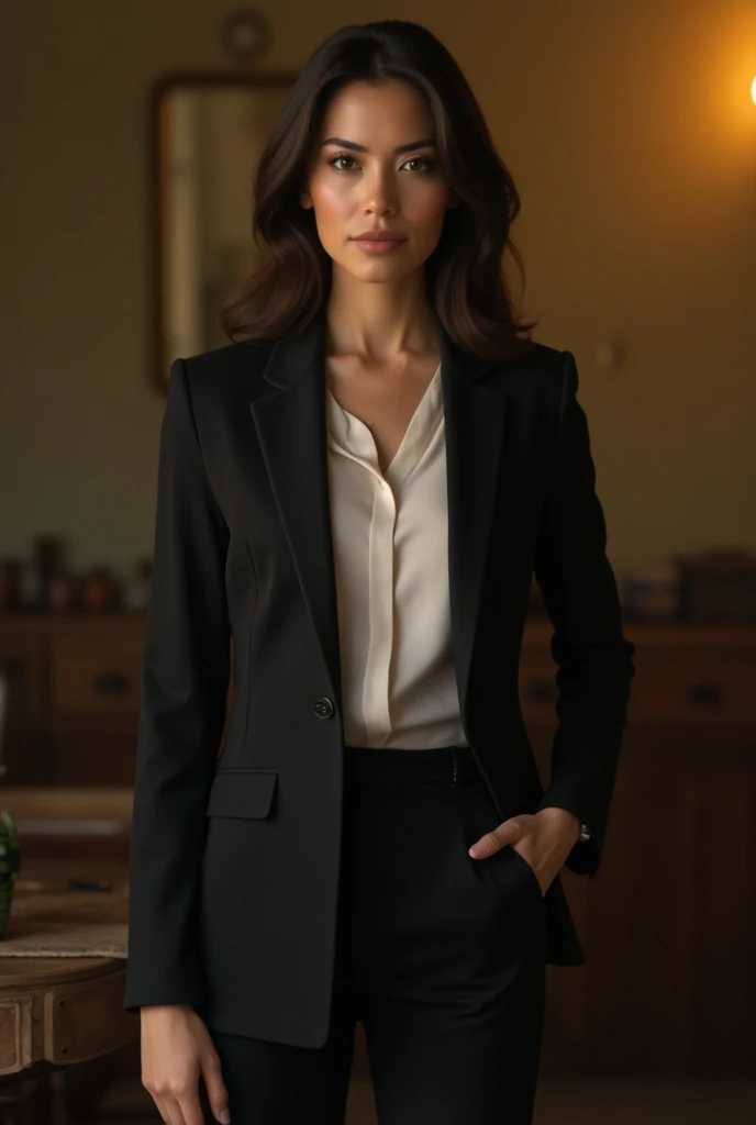  Create realistic images of a Brazilian female lawyer, white skin and dark brown hair , in various professional poses.  She must be wearing formal clothing , like a suit,  and posing at different angles  (Sitting at table , Standing with arms crossed,  hol...