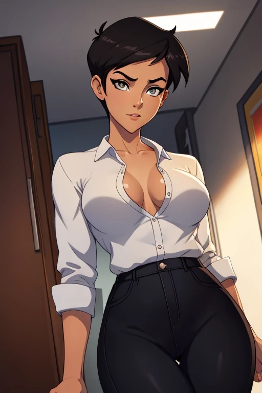 ((ultra quality)), ((masterpiece)), Lois Lane, short stature, ((black short hair tomboy hairstyle)), (Beautiful face), (beautiful female lips), (), charming, ((sexy facial expression)), looks at the camera, eyes slightly open, (light skin color), (light sk...