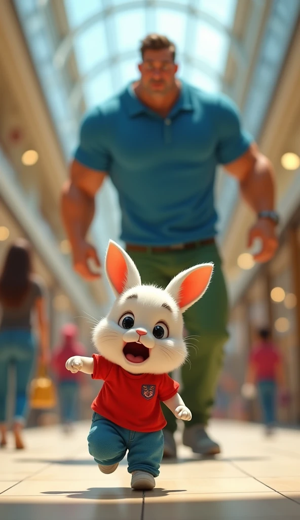 A baby rabbit wearing a red shirt and blue pants cried very loudly and ran away from his father wearing a blue shirt and green pants in a shopping mall and his big father was very shocked.