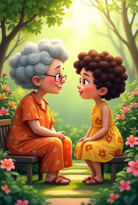 An elderly brown skin woman with thick grey curly hair wearing a orange flower dress and sandals and a teenage brown skin girl with curly hair with a yellow flower dress seated opposite each other and a backyard garden background (cartoon theme)