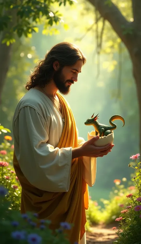 In a serene forest, Jesus stands gently holding a large white egg in His hands. The egg is cracked open, and the tiny head of a baby dragon peeks out, its scales glistening in the dappled sunlight filtering through the trees. Surrounding them are lush gree...