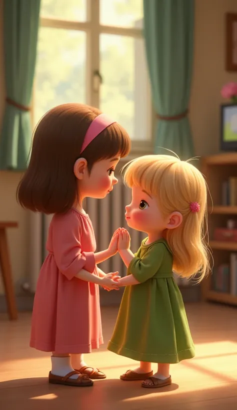 not Disney style, Pixar, WE SEE a very cute little girl , Blonde and petite , rosy cheeks,  bangs and long hair , using pink dress, She is five years old and she is WITH HER GRANDMOTHER ,   who is a kind lady of about 65 years old , short brown hair, and g...