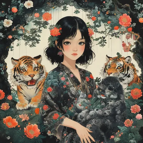 A girl with black hair and white eyes, dressed in dark , stands next to an anthropomorphic tiger, both looking at the camera. The background is adorned with intricate patterns of flowers and leaves., with a black color scheme, taken from a low angle shot, ...