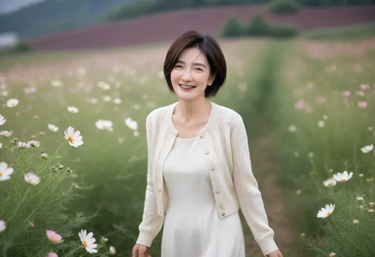  A beautiful, neat and compact woman in her 50s in Korea ,  standing in a field of cosmos flowers ,  dark brown cut hair, The eyes are big and pretty. laugh. luxury short cardigan over white dress , Taken with a wide-angle lens, Full shot,  The image quali...