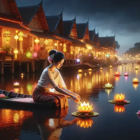 A realistic and beautifully lit image of a Thai woman in a sexy traditional Thai outfit, sitting by the water, about to float a krathong (floating lantern). The scene takes place at night, with traditional Thai houses along the riverbank illuminated by col...