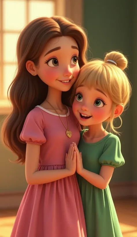 not Disney style, Pixar, WE SEE a very cute little girl , Blonde and petite , rosy cheeks,  bangs and long hair , using pink dress, She is five years old and she is WITH HER GRANDMOTHER ,, A kind lady of about 65 years old , short brown hair, and green dre...