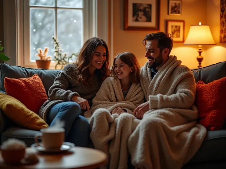 Family on the sofa near a portable electric radiator, bundled up in cozy blankets. The room is warmly lit, creating a comforting and inviting atmosphere. The parents sit together with a  nestled between them, all sharing laughs and stories as they enjoy qu...