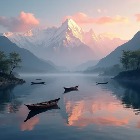 Frame the reflection of the mountains on Phewa Lake during sunset, with boats gently floating.