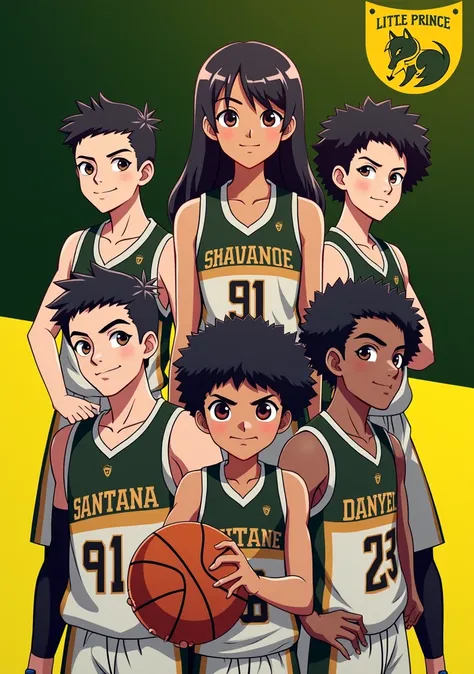 , a photo of a basketball team from the Little Prince School ,  with a fox as a symbol, .
 a black player with a very white skin. There is a number 91 named Santana , , one is a white player, there is a number 30 named Cris, and the other is a fabric playe...