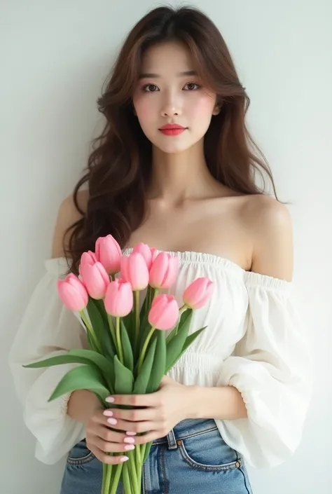 a beautiful korean woman with white skin, with brown hair in big curls, wearing white off shouldered puff sleeves top and acid wash jeans, hugging a bouquet of pink tulips, looking directly at the camera, the background should be white wall, realistic