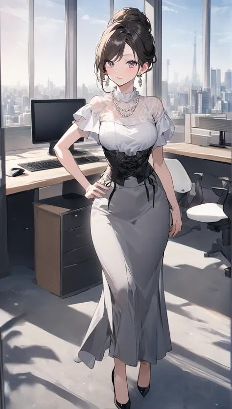 "office lady standing with full authority and unmatched beauty to be bent to her will, 3, height 163cm, business chic , victorian blouse, slender 63cm waist, full 93cm hips, shapely legs, clear fair skin (RGB: 255, 233, 209), oval face with soft features, ...