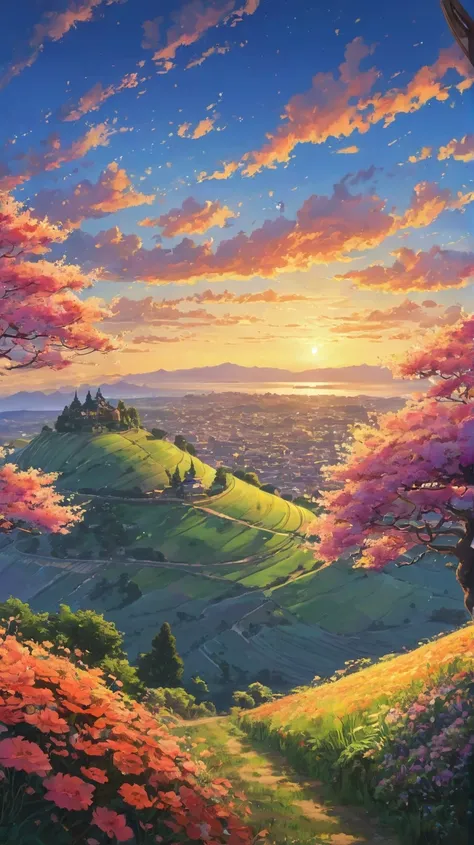 (Minimalism:1.4), Draw a simple Ghibli style art ," Create an anime-style illustration with a great level of detail of a vast and enchanting field of flowers that extends along a hill with A soft one steepness. The flowers are huge ,  with vibrant petals i...