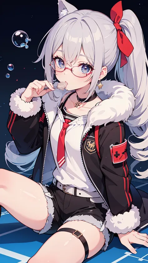  1 girl, Silver Wolf \(Honkai: Star Rail\), Honkai \(series\), black  shorts , Blowing bubbles, Chewing gum, Cross Buns, Drill Hair,  drill ponytail ,  earrings, Eyewear, Microcosm , fur-trimmed  jacket, Fur trim, goggles, Grey Hair, hair ribbon,  high ponytail , hologram,  jacket,  jewelry , Planet, ribbon,  shorts , Single Drill, Sitting, Alone,  thigh strap, tinted glasses, ( best quality:1.2), ( Is Extremely Beautiful :1.2), (Absurd:1.2), (safe:1.2), (  detail background ), maximum detailed eye, up to date,  complicated details, employment. repair,Beautiful Face,Special_eye,hologrameffect,Add XL,perfecteye
