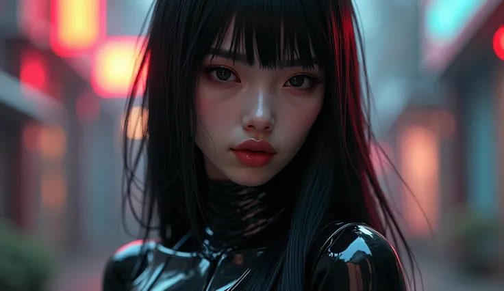 full body, realistic game character, beautiful girl in vinyl suit, 2, long straight black hair, small bust, very thin, detailed eyes, detailed face, detailed lips, extremely detailed facial features, realistic digital art, photorealistic, 8K, cinematic lig...