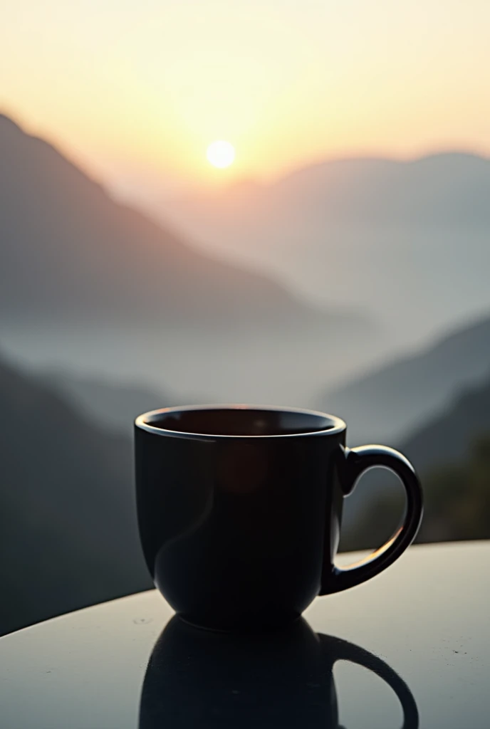 Black coffee mug photo,Mountain background ,Sea of mist ,  morning light