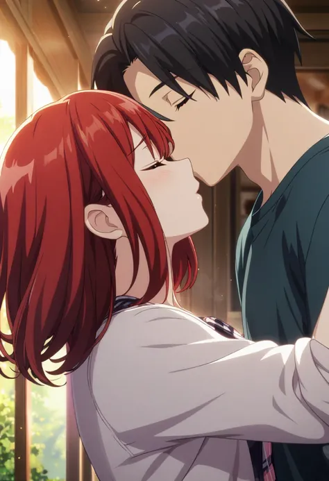 1girl, (long red hair, closed eyes, beautiful), 1boy (black hair, short hair, closed eyes, casual clothes), kiss, CG, screenshot