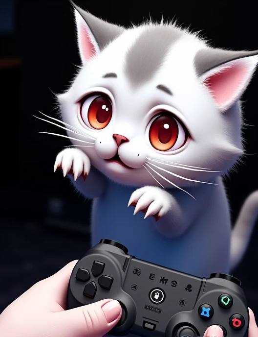 Feline hands holding a video game controller , first person view 