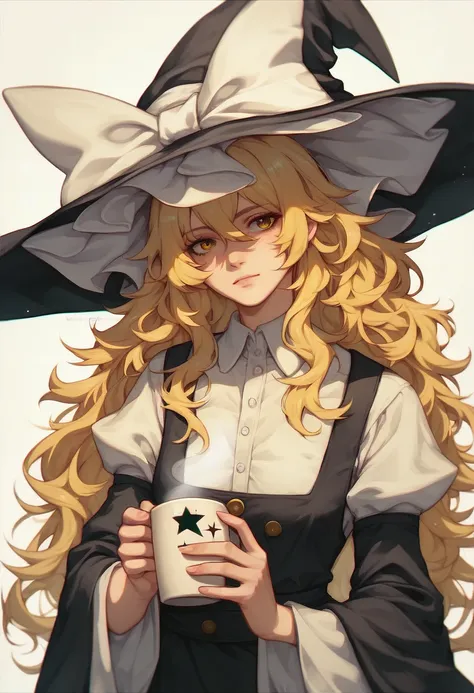 kirisame marisa, witch hat, blonde hair, long hair, upper body, holding coffee mug in one hand, 2d,