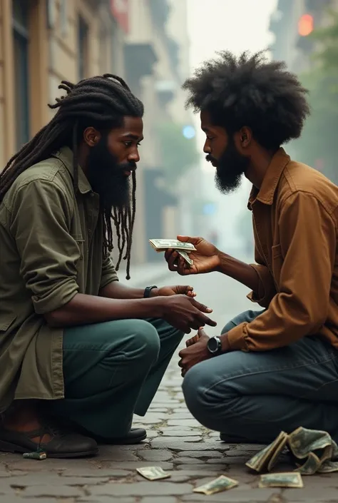 Une jeune femme noir donnant deux billet dargent à chacun des deux hommes sans-abris africans assis dans la rue, lun portant des longues dreadlocks du style de bob marley et une barbe complète et lautre portant une longue chevelure afro. 