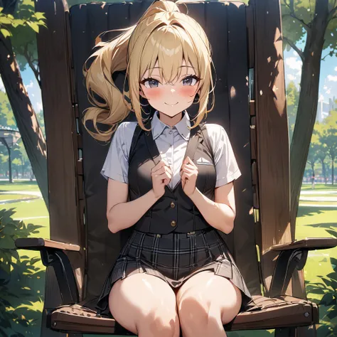 
(Best Quality),(masterpiece),(Super detailed),( Perfect Anatomy),(Perfect hands),One Girl、Black Eyes、( blonde ponytail)、smile、blush、Small breasts,black vest and white shirt,black plaid mini skirt,Thighs、sitting on a chair in the park、Sunlight filtering th...