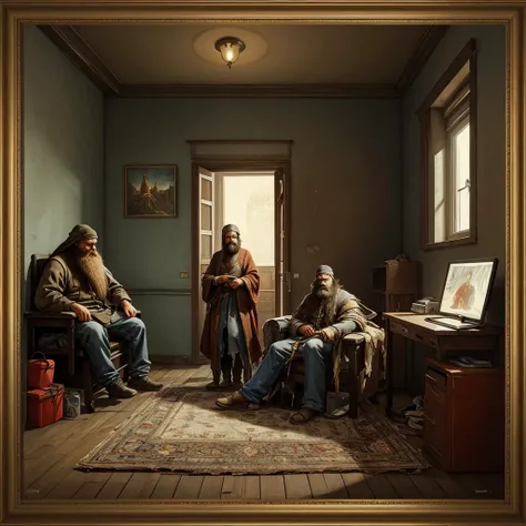  beautiful woman entering the room where polish Homeless guy with very long beard wearing torn clothes is seating and waiting in front of computer on a gaming chair. Framed picture in the background. Oil painting in style of Zdzisław Beksiński