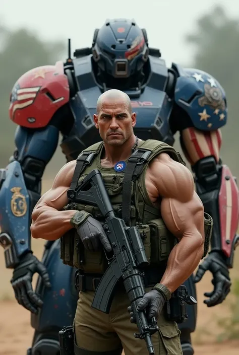 muscular army man with an intimidating look, Freefire Maxim character holding ak47 in front of a future military exoskeleton with the emblem and colors of the USA, full body, 4k