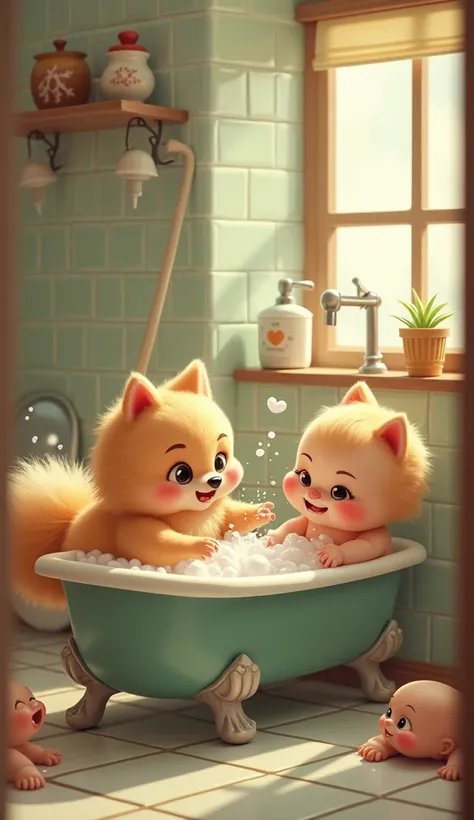 Create a cute little Pomeranian puppy Lottie with Two Scrooges bathing a  in the bathtub, a  baby and a little baby smiling