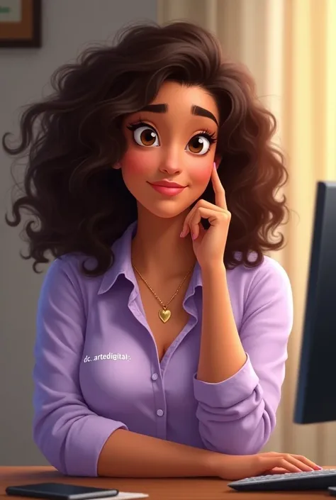 Create my image as a 35-year-old woman, light brown skin, very curly hair, medium hair length reaching the waist, black hair color, honey-colored eyes, necklace with a gold heart pendant, slight smile face, long-sleeved blouse light lilac color with DC.ART...